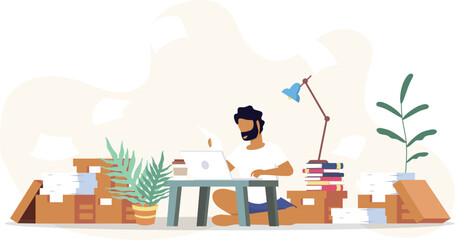 An university student study from home through online laptop computer in minimal vector design. Work from home-online video conference study due to the covid19 outbreak