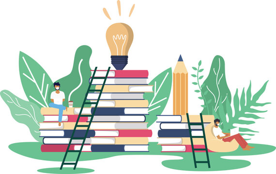people working - study through online internet over the tower of books with stair to the top. Education minimal desgin vector concept.
