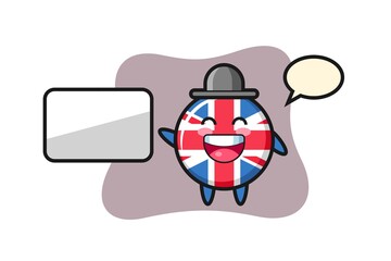 United kingdom flag badge cartoon illustration doing a presentation