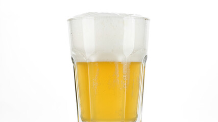 glass of beer with foam on white background, close up