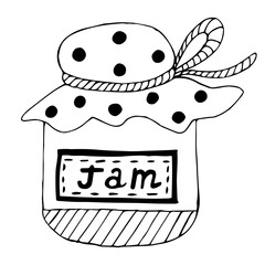 Single jar of jam. Isolated illustration of dessert on a white background. Jam jar contour black, doodle style