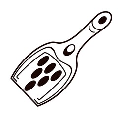 Slotted scapula for cleaning the litter box. Isolated vector icon on white background. Black outline, doodle style. Simple illustration
