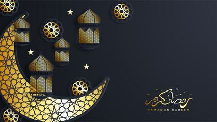 Ramadan Kareem. Dark background with moon crescent, vintage lamps dangling and burning