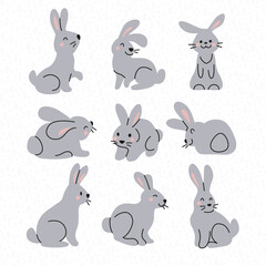 Collection of cute grey bunny characters isolated on white background. Rabbit animal icon. Hand drawn doodle style. Vector illustration. For stickers, cards, tags, Easter decor.