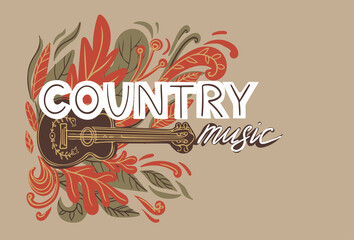 Country music concept with Acoustic guitar and hand lettering.Elements for music festival, banner etc.