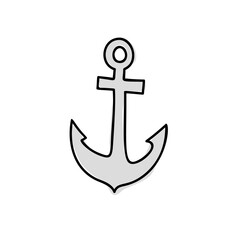Nautical anchor, equipment for sailors. Vector anchor in doodle cartoon style. Black contours isolated on a white background. Element for design, print, card, goods. Souvenir from rest on the sea