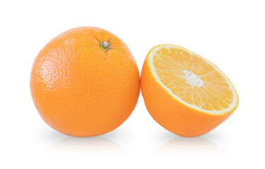 Whole orange and it's half isolated on white surface