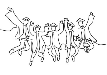 One line drawing of young happy graduate male and female college student jumping hand drawn continuous line art minimalism style on white background. Celebration concept. Vector sketch illustration