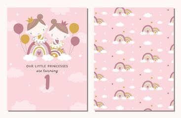 Fototapeta na wymiar Birthday party invitation card and pattern set for little twin girls or sisters. Princess and rainbow themed party invitation template.