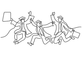 One continuous line group young students in jump joyfully. Happy three teenager student express their graduation while hands up isolated on white background. The concept of graduation celebration