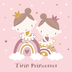 Fototapeta na wymiar Hand drawn illustration of cute twin little princesses sitting on rainbows. For baby and kids room decoration, art print, baby shower invitation, birthday invitation, etc.