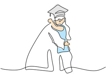Continuous line drawing of graduation men student with his friend is hugging each other. Celebration ceremony master degree academy graduate design sketch outline drawing vector illustration