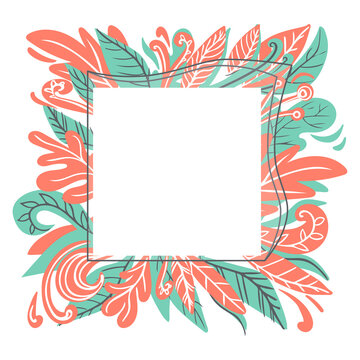 Leaves Floral frame in Flat style. Modern design Template with Plants, flowers. Bright summer, spring trendy colors.