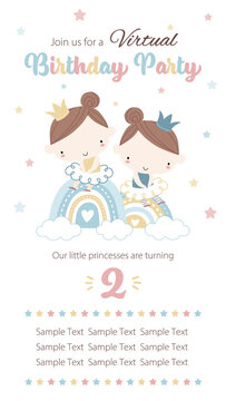Virtual birthday party invitation template with twin little princesses.