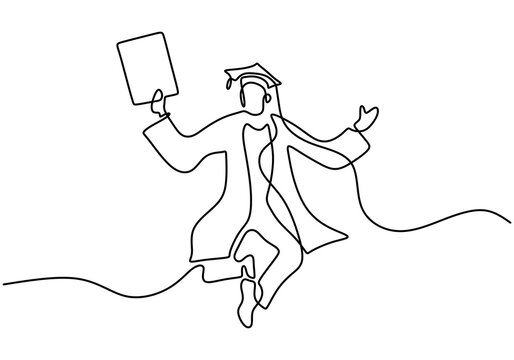 recommend clip art: Continuous line drawing of young happy male student jumping to celebrate his final exam result graduation hand drawn art minimalism design. Campus life education concept. Vector illustration