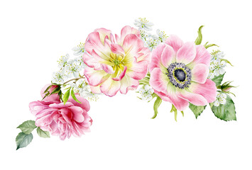 Beautiful delicate watercolor bouquet of anemones, tulips, roses and other spring flowers. A festive composition of flowers on a white background.