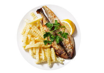 plate of fried fish with french fries isolated on a white background,