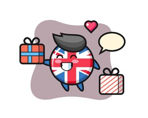 United kingdom flag badge mascot cartoon giving the gift