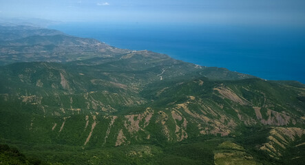 View of the Black Sea coast from the valley of the Demerdzhi mountain range in Crimea.