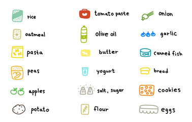 Cooking ingredients icons set. Butter, flour and eggs. And other food products. Icon for recipe or infographic. Hand drawn sketch. Vector.