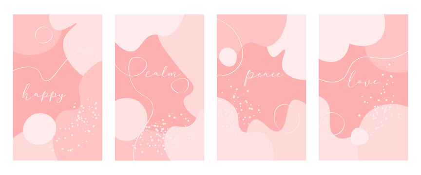 Vector set of abstract creative backgrounds in minimal trendy style with love, peace, calm, happy text - design templates for social media stories