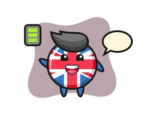 United kingdom flag badge mascot character with energetic gesture