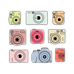 set of vector colored trendy camera icons, various contour camera icons isolated on white background