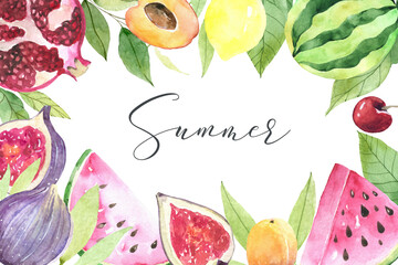 Mixed Tropical Fruits, Frame, Border. colorful square background with watercolor fruits. Background for packaging, cards and posters.