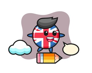 United kingdom flag badge mascot illustration riding on a giant pencil