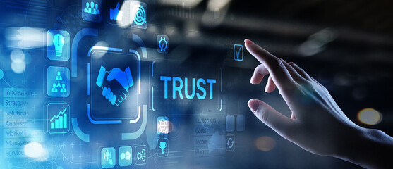 Trust customer relations reliability business concept. Pointing and pressing on virtual screen