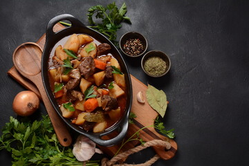 Irish stew made with beef, potatoes, carrots and herbs. Traditional St.Patrick's day dish, stewed...