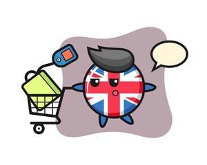 United kingdom flag badge illustration cartoon with a shopping cart