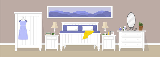 Bedroom with white double bed, night tables, wardrobe, chest of drawers, long picture, lamps and other complements. Beige bedroom with white and blue colors. Flat vector illustration.
