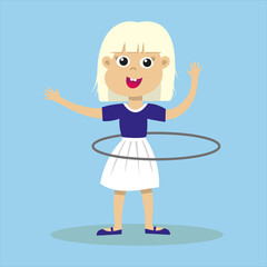 Cute smiling blond girl playing with hula hoop. Happy hula hooping kid. Child enjoying exercising. Isolated flat vector illustration.