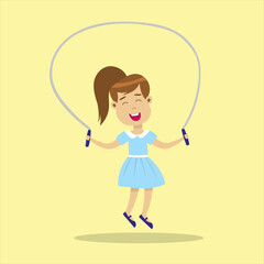 Cute smiling girl jumping rope. Happy jumping kid. Child enjoying exercising. Happy childhood concept. Isolated flat vector illustration.