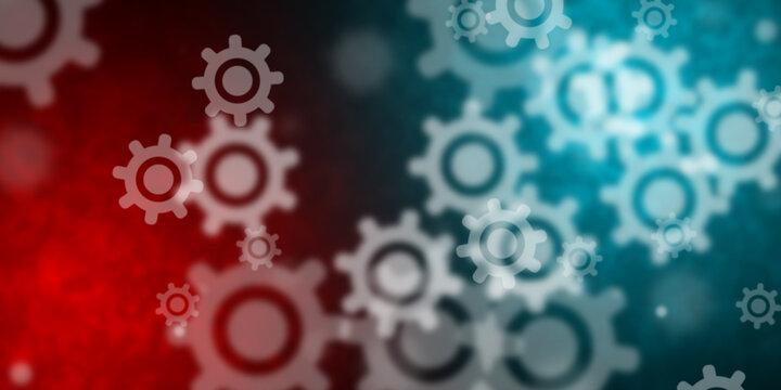 Abstract red and light blue background with flying cog wheels