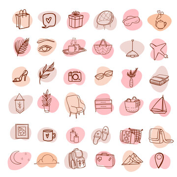 
lifestyle doodle icons set for stories covers