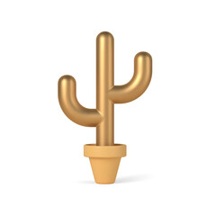 Gold 3d cactus in pot vector template. Decorative metal decoration succulent with expensive shine.