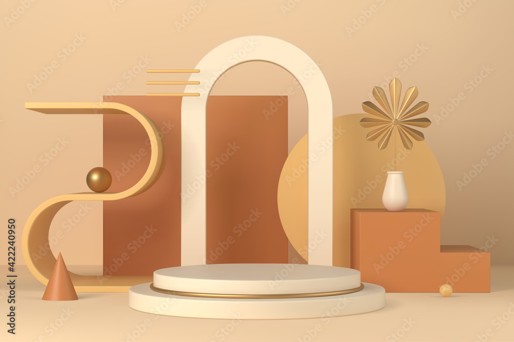 Poster Boho interior minimal scene with podium and geometric forms 3d vector illustration