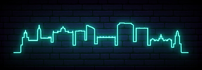 Fototapeta premium Blue neon skyline of Malaga. Bright Malaga City long banner. Vector illustration.