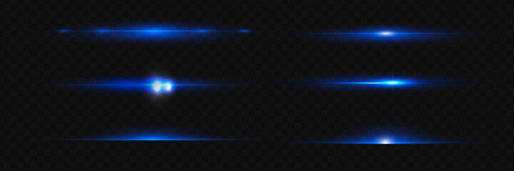 Blue horizontal lens flares pack. Laser beams, horizontal light rays. Beautiful light flares.