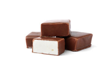 Chocolate candies bird's milk with milk souffle isolated on white background.