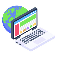 
Laptop with globe denoting isometric icon of web window 

