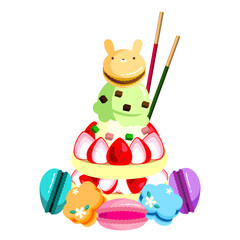 アイスクリームとパンケーキに苺とマカロンを盛り付けて｜Serve ice cream and pancakes with strawberries and macaroons