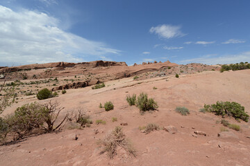 Scenic view of the red rock sandstone formations at Arches National Park in Utah