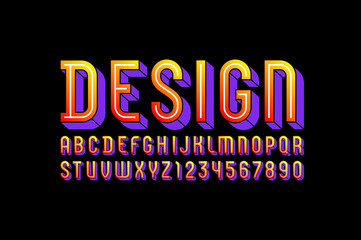 3D colored font, trendy bright alphabet, condensed modern letters and numbers, vector illustration 10EPS