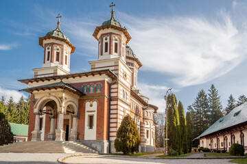 Fototapeta na wymiar Sinaia Orthodox Monastery on Prahova Valley, Carpathian Mountains, in the Prahova district, Romania.