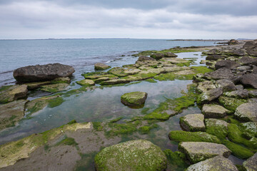 Boulders of rocks lying on the coast after the shallowing of the sea