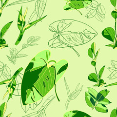 Green leaves on a green background. Seamless pattern with leaves.