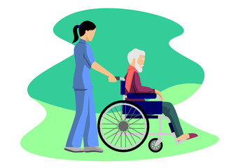 flat illustration of an elderly man in wheelchair and his caregiver